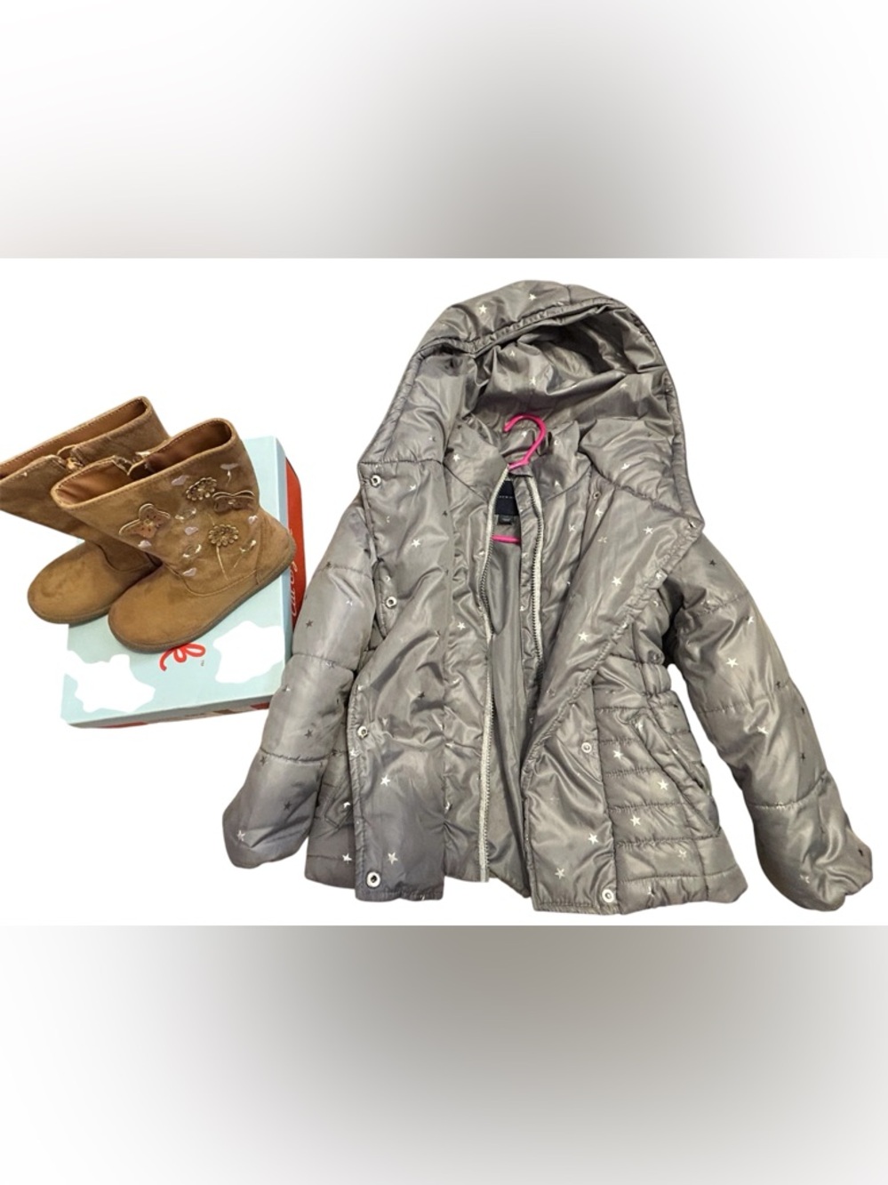 Pair & save. Size 5/6 Girls' Gray Star Puffer Coat with Hood with size 10 boots
